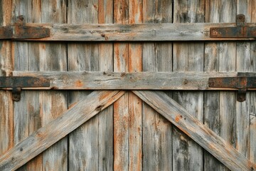 Rustic weathered wooden door with aged metal hinges, showing texture and time's passage.