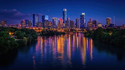 Obraz premium Cityscape Reflection on River at Night, illuminated urban splendor