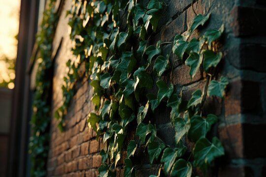 Ivy climbing a brick wall, bathed in golden sunlight, creating a beautiful natural scene.