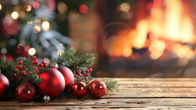 This image captures a cozy Christmas ambiance with red holiday ornaments, pine sprigs and berries arranged on a wooden surface, complemented by a Christmas tree and fireplace.