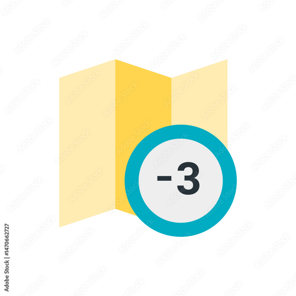 Poster a yellow map icon with a blue and white circle displaying negative three on a white background image