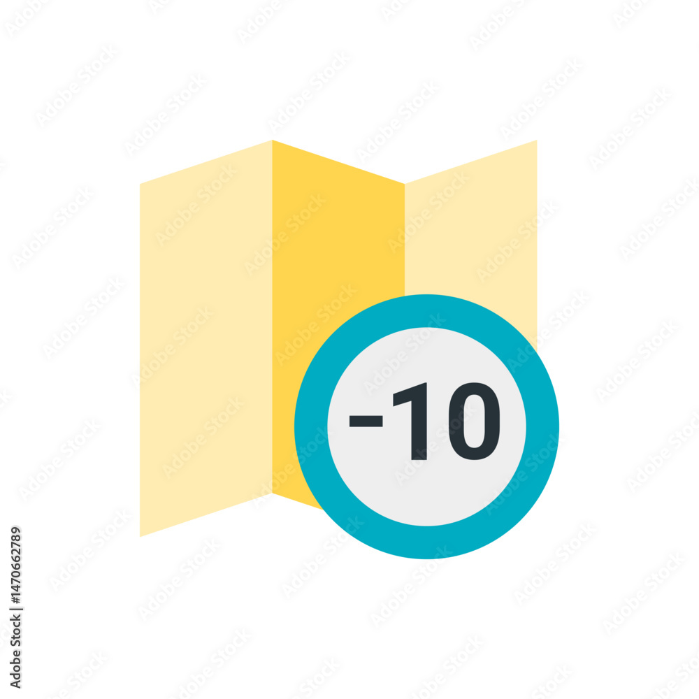 Poster yellow folded map with a blue and white circle displaying negative ten in front of the map image sho