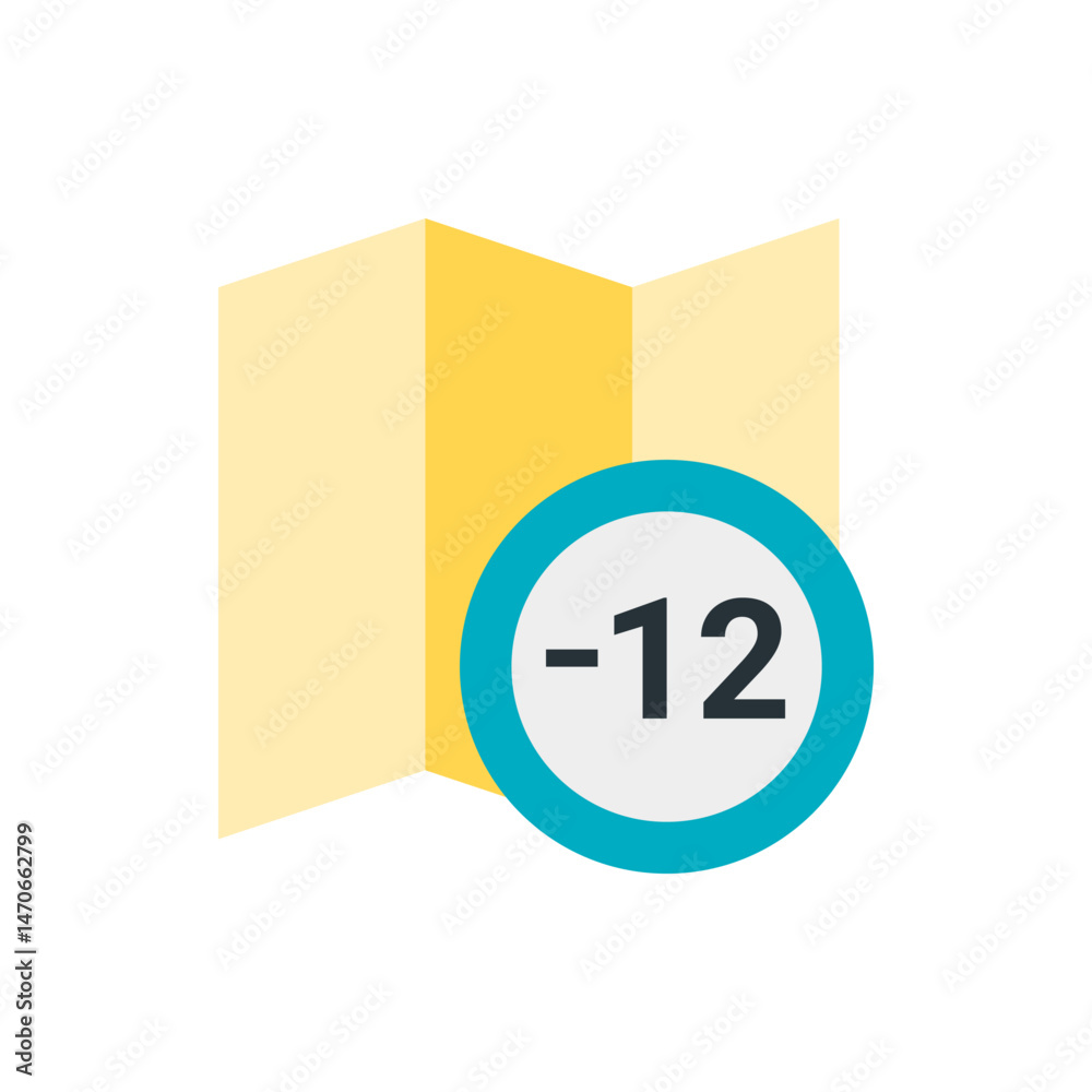 Poster yellow map with folds and a circular icon displaying the number twelve in black against a white back