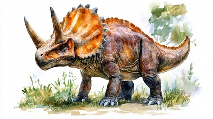 Fototapeta premium Realistic Triceratops Dinosaur Watercolor Illustration for Educational Purposes