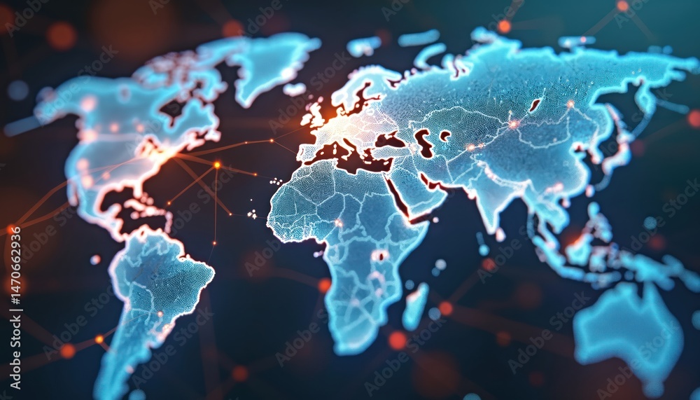 Poster World map overlaid with interconnected lines globalization digital communication network. Illustrative representation of global connections digital technology business international relations travel.