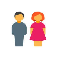 Illustration of a man with dark hair and a woman with red hair standing side by side in simple shapes