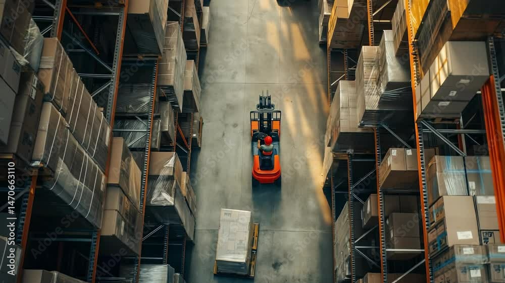 Poster an overhead view of forklift moving pallet of boxes in warehouse aisle. the worker is wearing safety