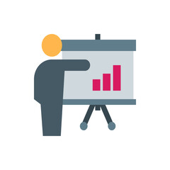 Illustration of a person presenting a bar graph on a presentation board with a simple and flat design