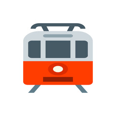 Illustration of a front view of a red and gray trolley car with a white headlight design element
