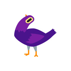 Illustration of a purple pigeon with orange beak and feet standing on a white background looking up
