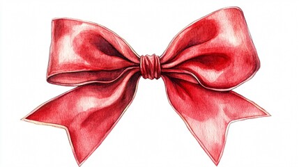 Vibrant Red Bow on Isolated White Watercolor Background