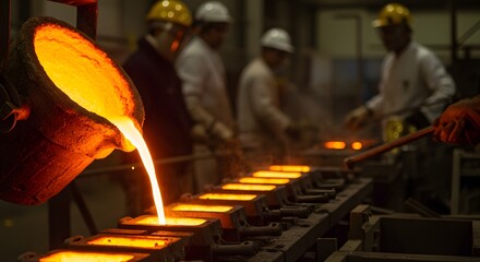 Naklejka premium Molten metal pouring into molds in a busy industrial setting highlighting manufacturing process