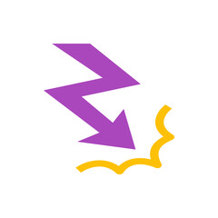 Illustration of a purple lightning bolt pointing downwards with yellow impact waves on a white background