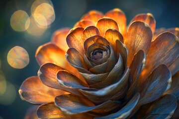 A mesmerizing close-up of a sunlit rose-like flower, showcasing intricate details and warm hues.