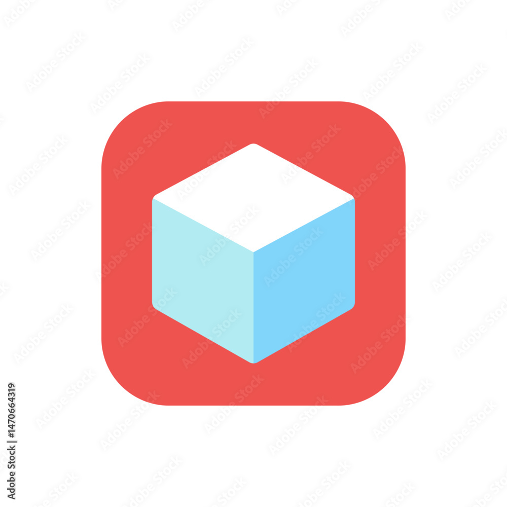 Poster isometric cube with white and light blue faces on a rounded red square background creating a simple 