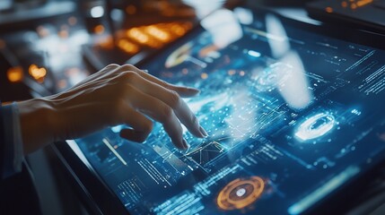 Hand interacting with futuristic digital interface technology screen display web data blue data touch