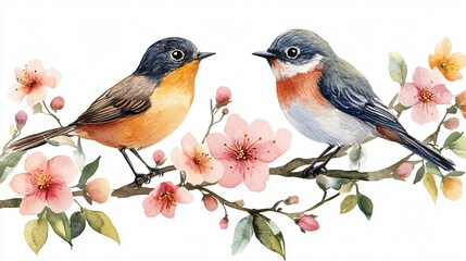 Romantic Watercolor Birds and Flowers Botanical Illustration