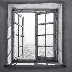 Sunlit window trees visible summer breeze