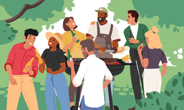 Friends barbeque party on nature cartoon scene with characters eating grilled meal and drinking