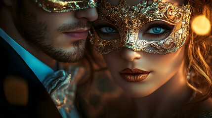 Masquerade of Enchantment: A captivating couple, adorned in exquisite gold masks, share an intimate moment, their eyes locking in a dance of intrigue and allure at an elegant ball.