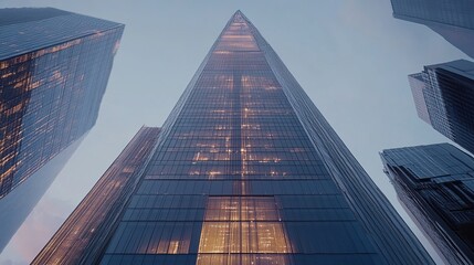 Stunning modern skyscrapers cityscape at twilight golden hour blue grey view urban night glass steel