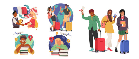 Student engaged in exchange program opportunity cartoon scene set with happy experienced adolescents