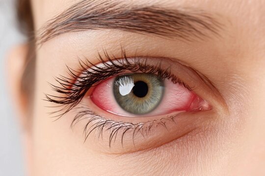 Close-up of a red, irritated eye, due to infection or allergy.