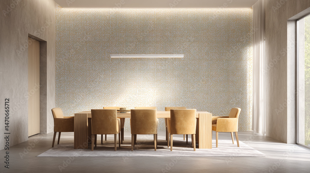 Poster beige wall with gold linear pattern, showcasing a modern dining room setting with wooden table and c