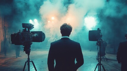 Fototapeta premium Rear view of a person in a suit during a stage production.