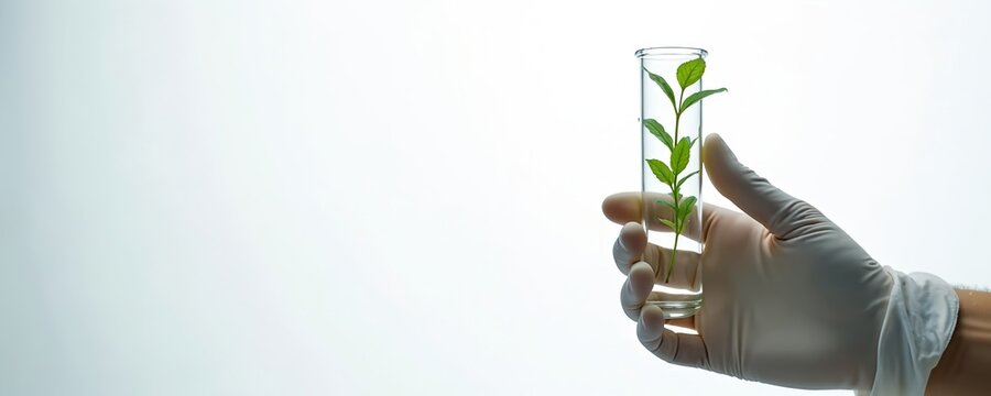 Gloved hand holds test tube with green plant, biotechnology research concept. Scientific experiment exploring plant growth, genetically modified organisms, laboratory study, plant genetics, biotech.