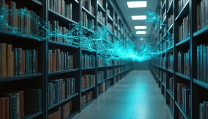 Digital library with floating books, holograms. Knowledge concept, cognition, education, study, book, digital, university, information, learn, technology, student, illustration. Online library