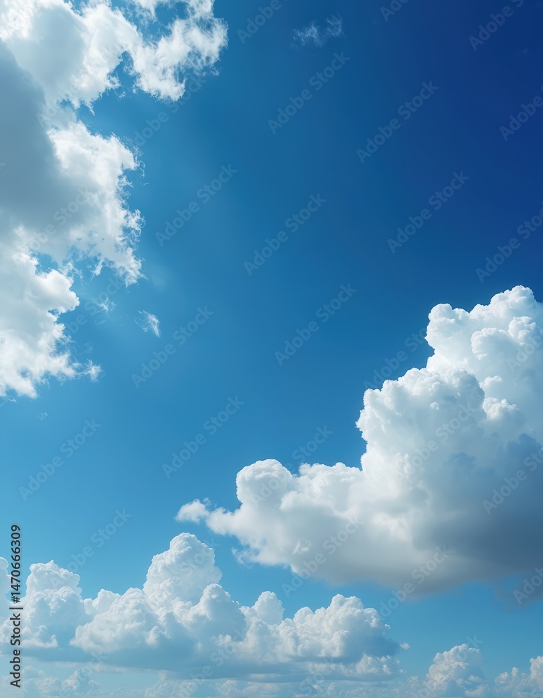 Poster vibrant blue sky covered with white fluffy clouds. cumulus clouds float in the atmosphere. beautiful