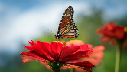 Naklejka premium butterfly drinking nectar on a red flower