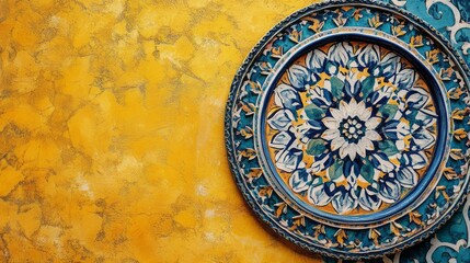 Fototapeta premium Ornate ceramic plate on a textured yellow backdrop.