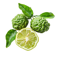 Obraz premium Fresh bergamot fruits with leaves displayed on a clean transparent background for clear presentation, ripe bergamot isolated on transparent background