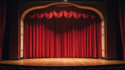 Classic theater stage with vibrant red curtain elegant proscenium and warm lighting before performance