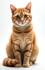 Fototapeta premium Adorable orange cat sits front on white background. Domestic feline looking at camera. Cute striped pet with attentive gaze. Minimal portrait of animal, studio shot, simple style.