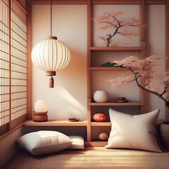 Leseecke im Japandi-Stil mit Shoji und Holzregal