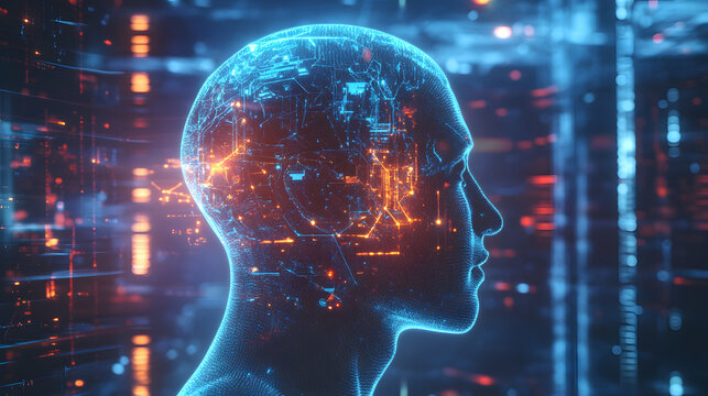Digital Mindscape: An artistic representation of the human mind within the digital realm, showcasing the interconnection between intellect, technology, and the future.