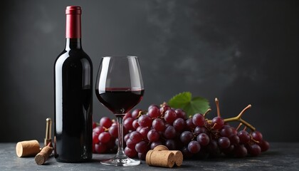 Obraz premium Still life composition with red wine bottle, glass, grapes. Elegant bar, eatery scene. Wine tasting event. Vintage alcohol beverage luxury. Celebration. Drink concept. Food and drink photo.