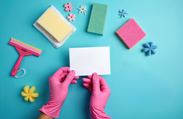 Obraz premium Hands in pink gloves hold blank white card on blue background. Cleaning service accessories, sponges and cleaning tools for home care. Cleanliness concept. Top view flat lay.