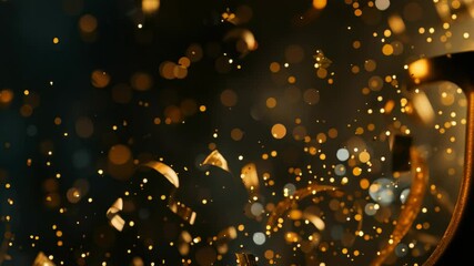 Golden confetti , glittering bokeh lights on dark background evoke feelings of celebration. The bokeh effect adds soft, dreamy quality, while confetti provides movement , excitement to scene.