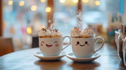 Fototapeta premium Two cheerful mugs of warm drinks on a table.