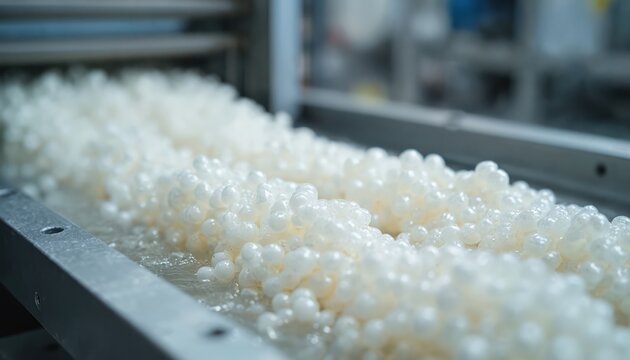 Recycled molten plastic comes from extruder machine. Concept plastic recycling, industry, factories. Continuous extrusion cooling water processed pellets. Eco-friendly production, sustainable