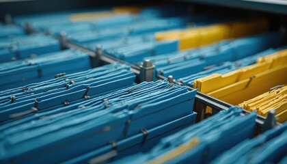 Blue and yellow office files in filing cabinet. Records, documents, organized, orderly, efficient filing system, business archive. Concept administration, management, paperwork, data storage.