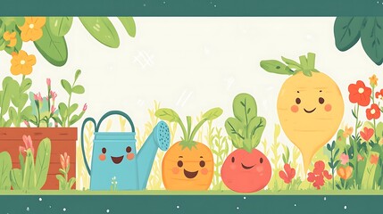 Fototapeta premium Cute vegetables and flowers in a garden scene.