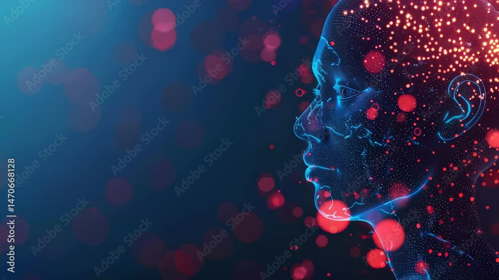 Poster Conceptual illustration of a human head profile, visualized as a digital network of glowing dots and lines in blue and red against a dark blue background with soft red bokeh orbs.