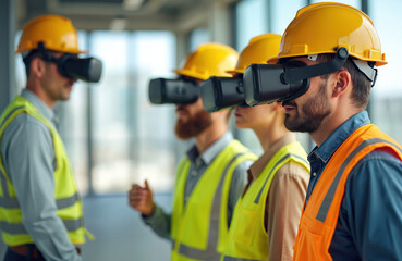 Construction workers wearing VR headsets engaged in safety training simulation. Men, woman in protective gear use virtual reality technology for learning, development. Modern workplace tech improves