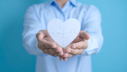 Fototapeta premium Hands holding heart-shaped puzzle pieces — concept of emotional healing, self-care, inner balance, therapy support, love, and mental health connection. Ai Generated