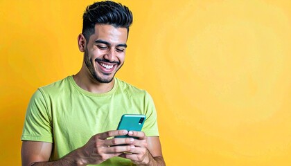 Fototapeta premium Smiling person reading uplifting messages on smartphone — concept of emotional wellness, mental health, digital self-care, positivity, and feel-good moments. Ai Generated